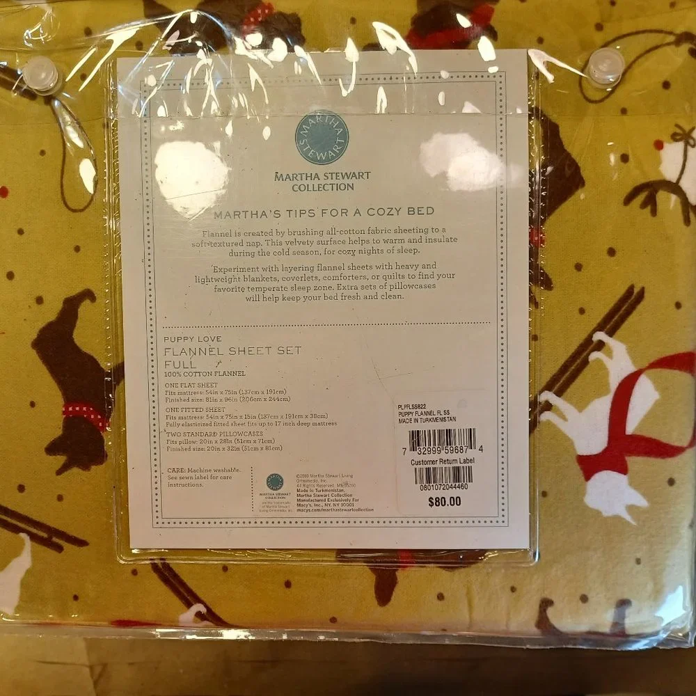 Martha Stewart Collection FULL Flannel Sheet Set PUPPY LOVE Dogs in Sweaters
